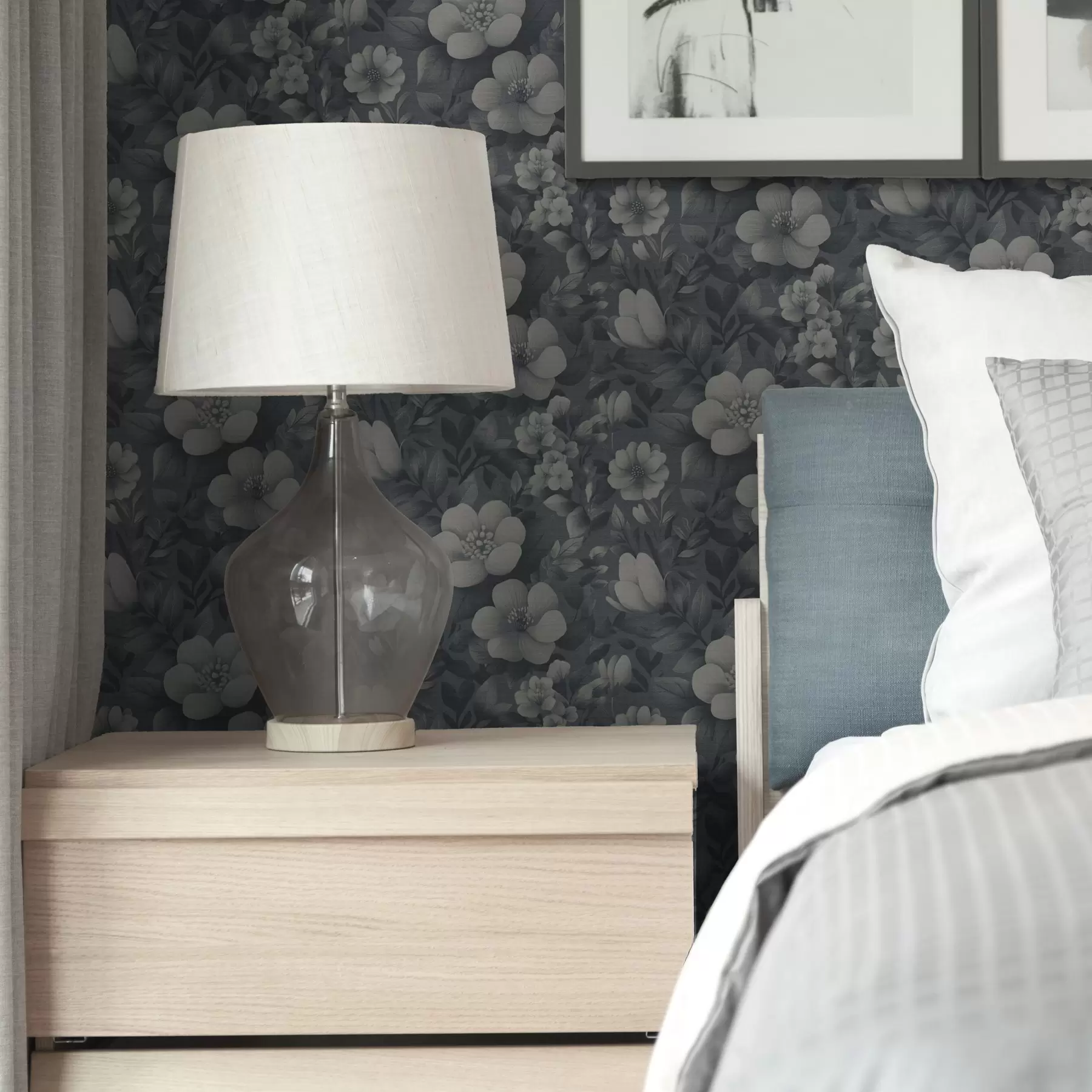 carta da parati Motivo blu scuro con voluminosi fiori bianchi nr. a00282