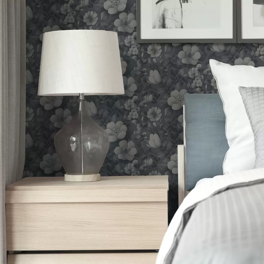 carta da parati Motivo blu scuro con voluminosi fiori bianchi nr. a00282