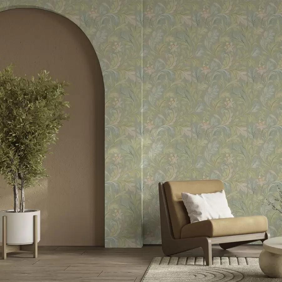 carta da parati Foglie vintage su sfondo verde, colori pastello nr. a00277