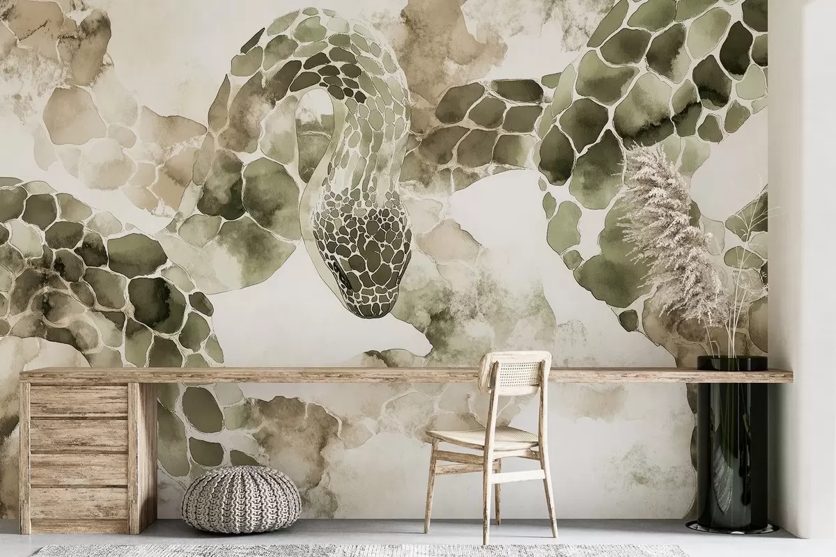 carta da parati Sagoma di serpente, stile acquerello, colori oliva nr. w04113v3