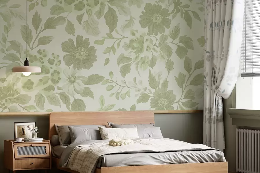 Carta da parati Floreale Fiori in stile boho con stampa leopardata, colore verde n. w04114v2