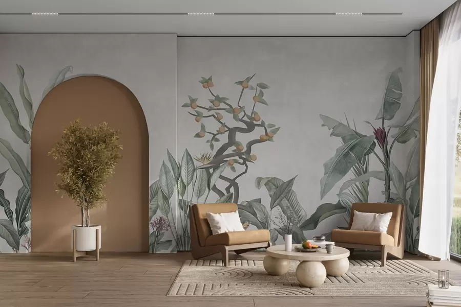 Carta da parati nature Piante tropicali con albero di arancio su sfondo chiaro 