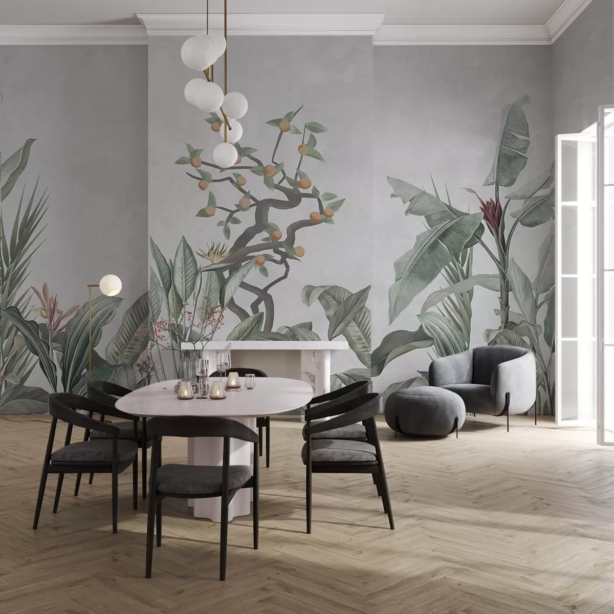 carta da parati Piante tropicali con albero di arancio su sfondo chiaro nr. w04201