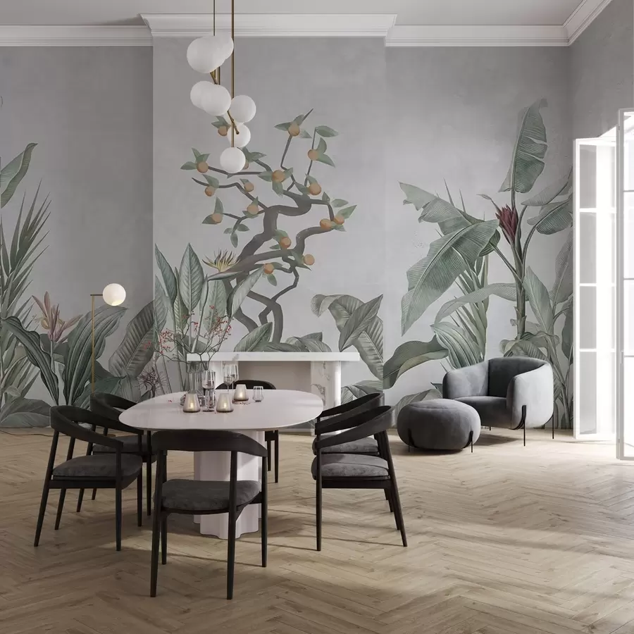 Carta da parati nature Piante tropicali con albero di arancio su sfondo chiaro 