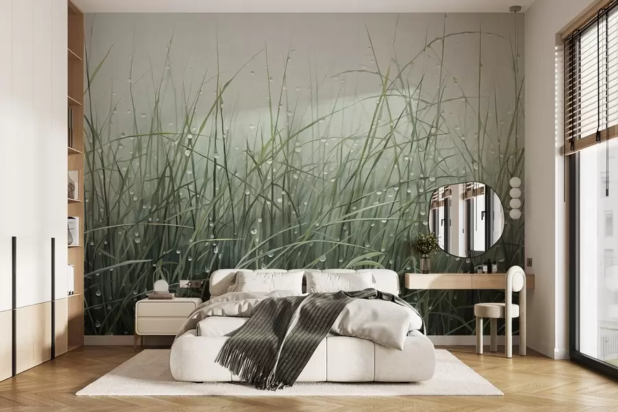 Carta da parati nature Erba con gocce d'acqua, tonalità di verde tenue, luce soffusa, sfondo nebbioso, stile astratto minimalista con texture 