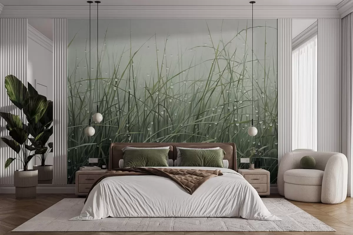 carta da parati Erba con gocce d'acqua, tonalità di verde tenue, luce soffusa, sfondo nebbioso, stile astratto minimalista con texture nr. w09217