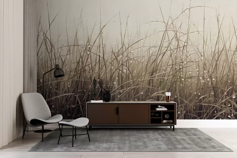 Carta da parati nature Erba con gocce d'acqua, tonalità marrone tenue, luce soffusa, sfondo nebbioso, stile astratto minimalista con texture 