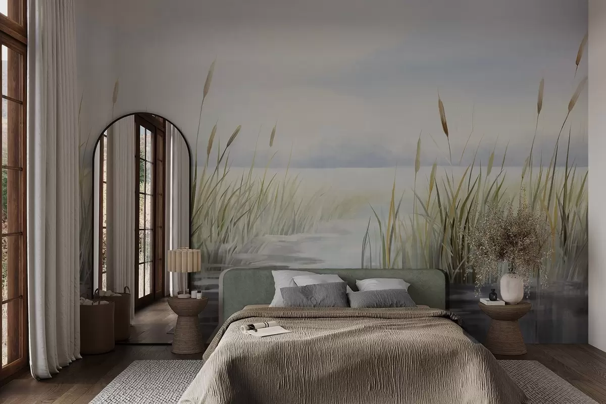 carta da parati Un acquerello texture pittura imitazione di paesaggio con lago, erba, cielo coperto e sfondo sfocato nr. w09219