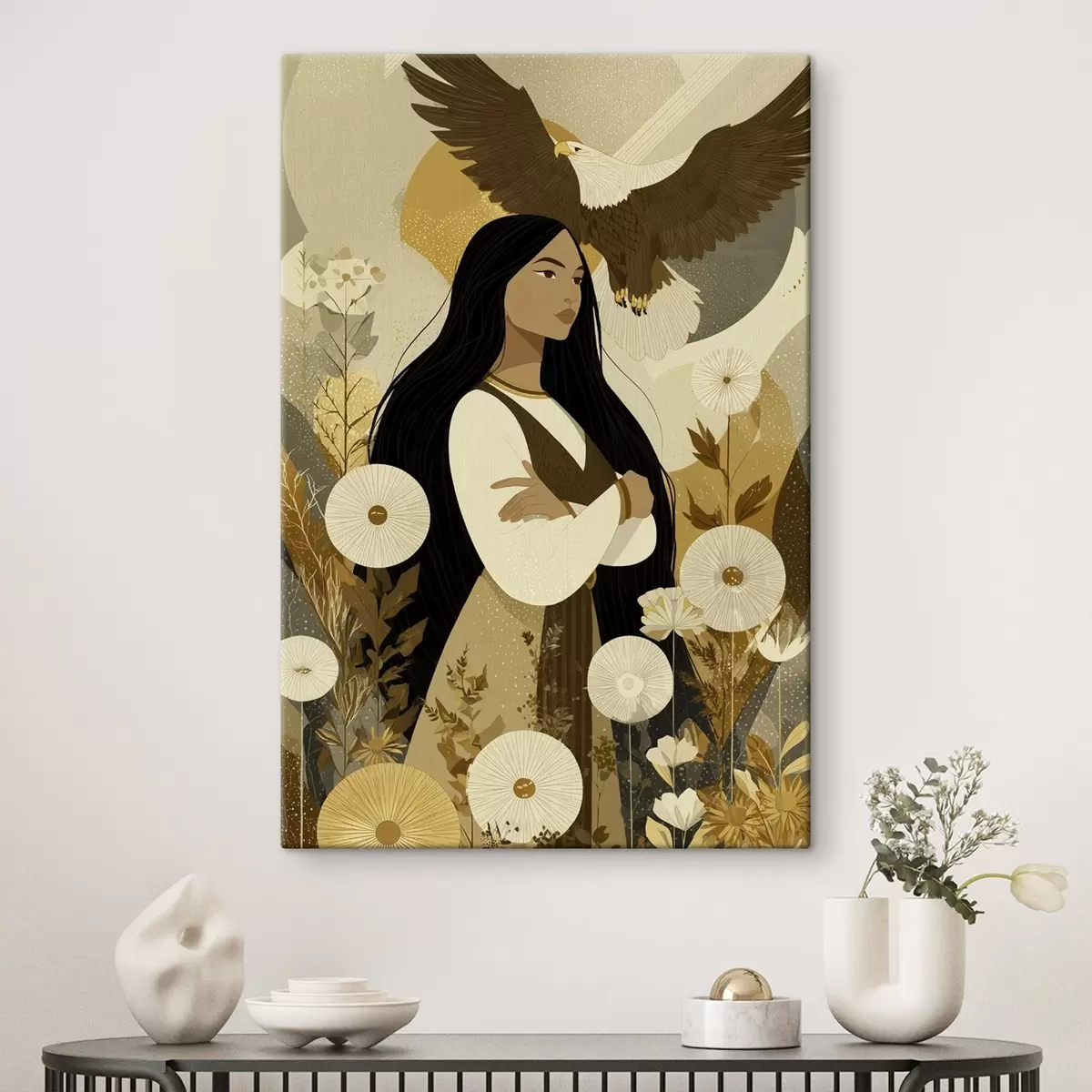 carta da parati Donna con aquila in volo, stile tribale, colori beige nr. s44977