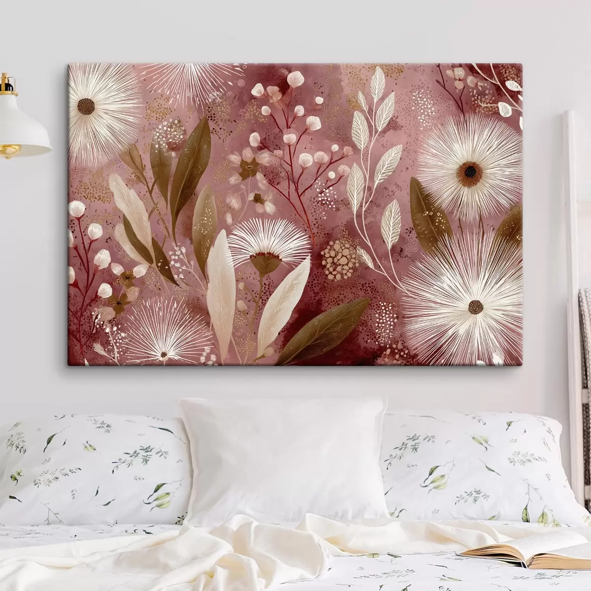 carta da parati Fiori bianchi in stile boho su sfondo rosso, disegno dettagliato nr. s44979