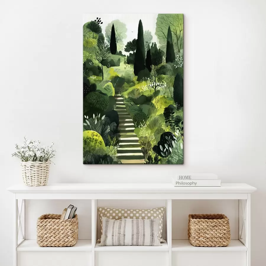 carta da parati Colline verdi con alberi e cespugli, scale in cemento, colori lussureggianti nr. s44980