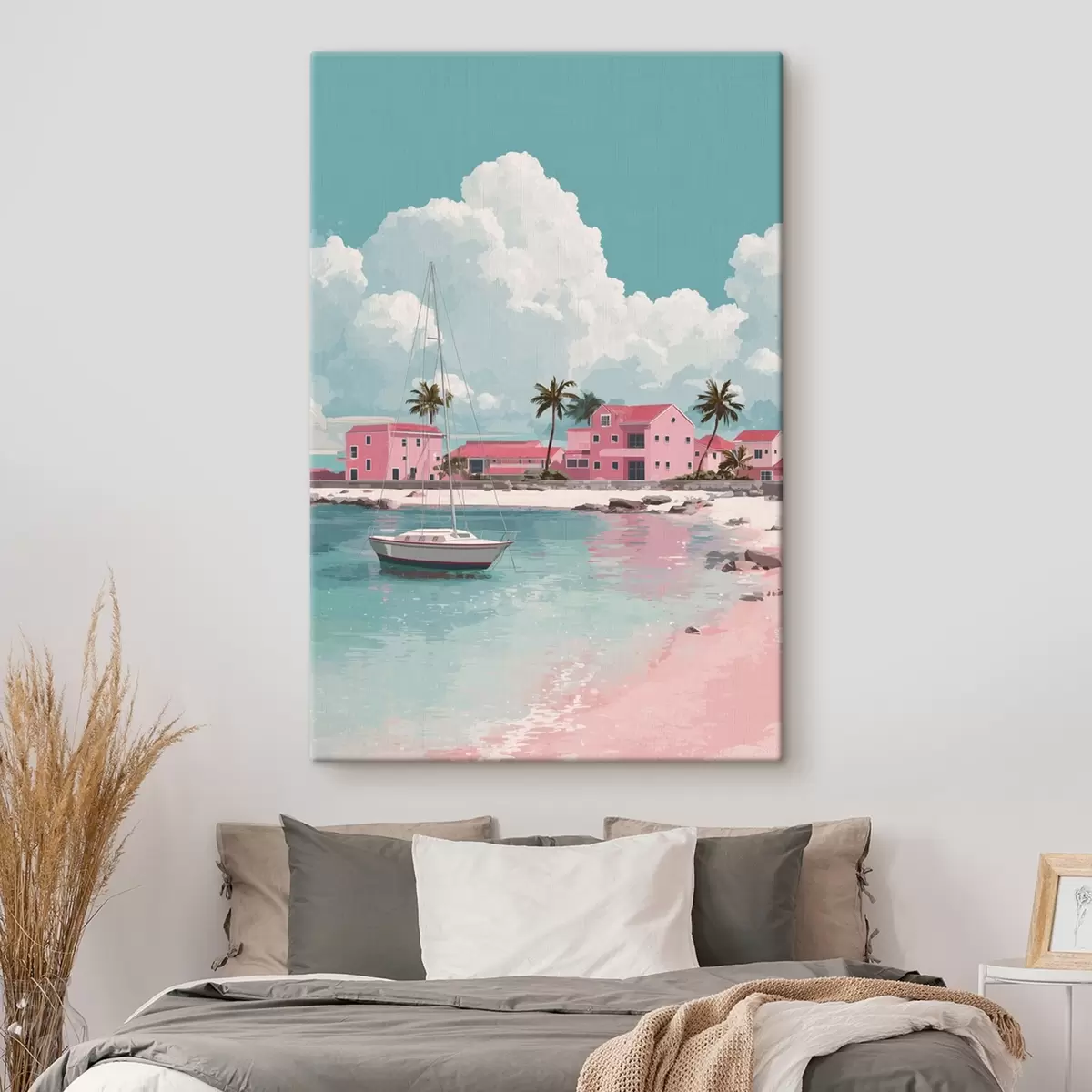 carta da parati Spiaggia rosa con sole splendente, barca a vela e case nr. s44986