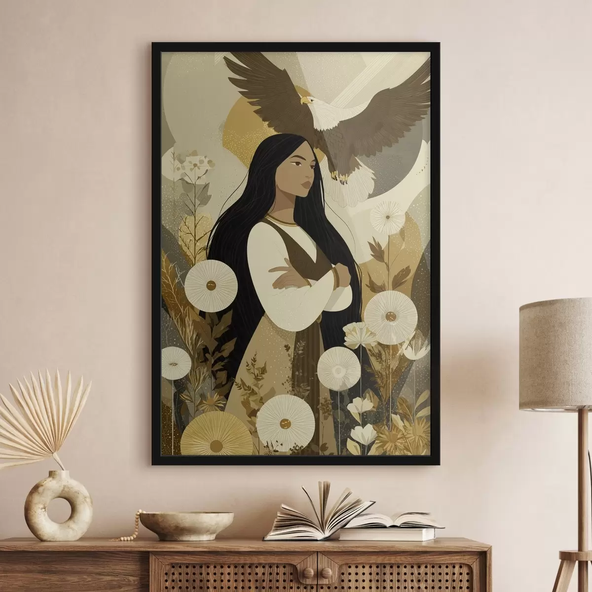 Poster Donna con aquila in volo, stile tribale, colori beige f44977