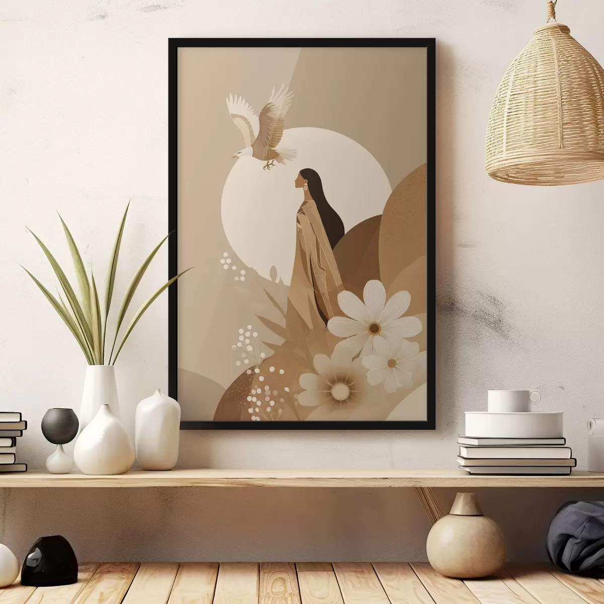 Poster Astrazione con donna e aquila nel cielo, colori beige f44978