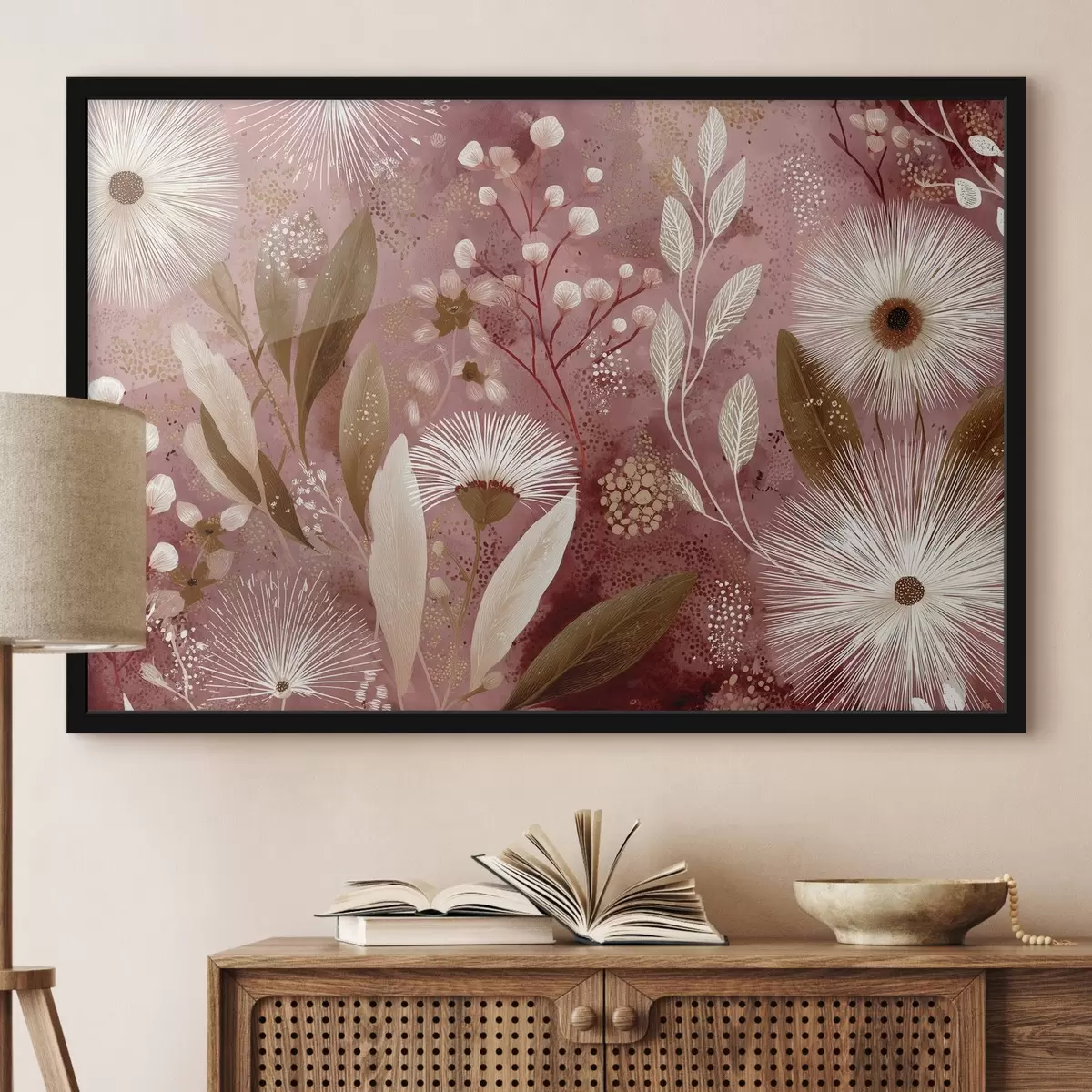 Poster Fiori bianchi in stile boho su sfondo rosso, disegno dettagliato f44979