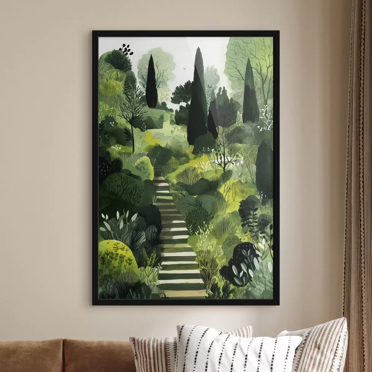 Poster Colline verdi con alberi e cespugli, scale in cemento, colori lussureggianti f44980