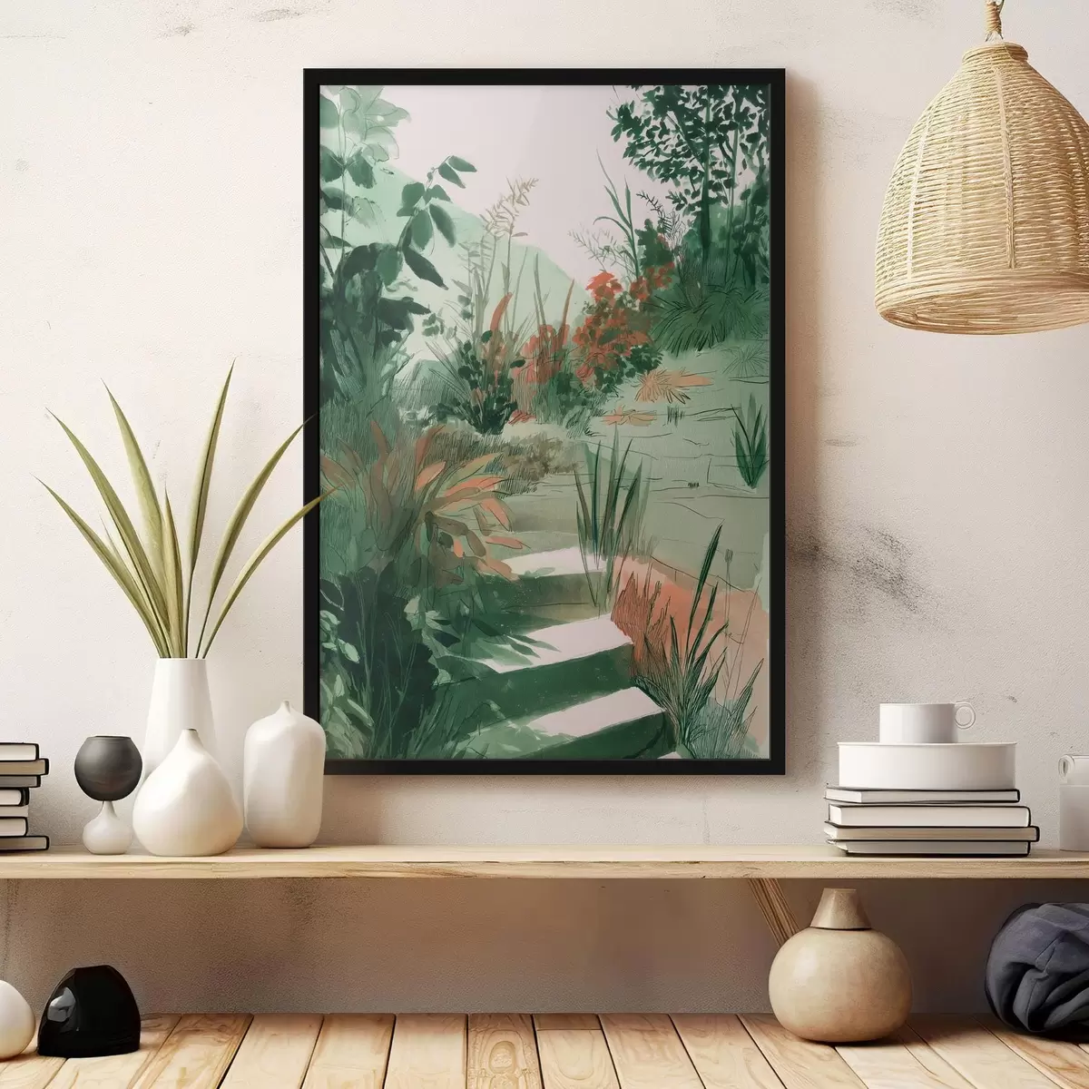Poster Giardino orientale con cespugli e alberi, colori verdi f44982