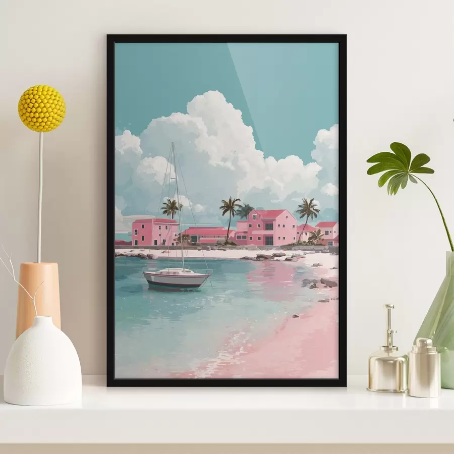 carta da parati Spiaggia rosa con sole splendente, barca a vela e case nr. f44986