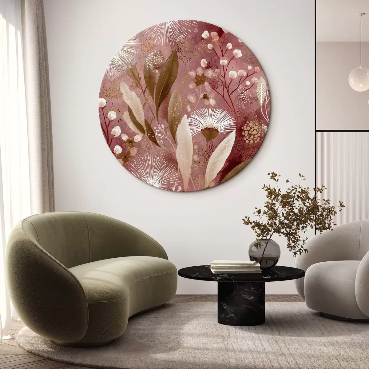 Quadri rotondi Fiori bianchi in stile boho su sfondo rosso, disegno dettagliato r44979