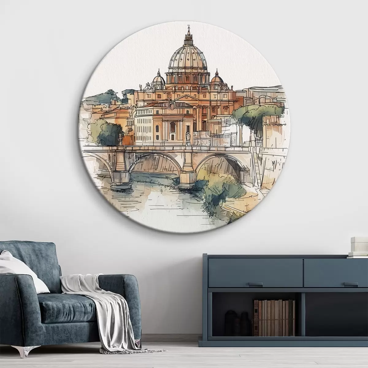 Quadri rotondi Acquerello Roma città, disegno schizzo, architettura r44983
