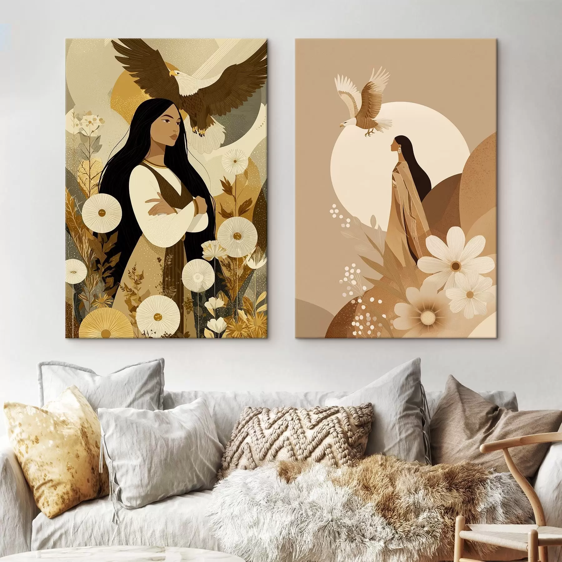 carta da parati Donne con aquile volanti, stile tribale, colori beige nr. m00477