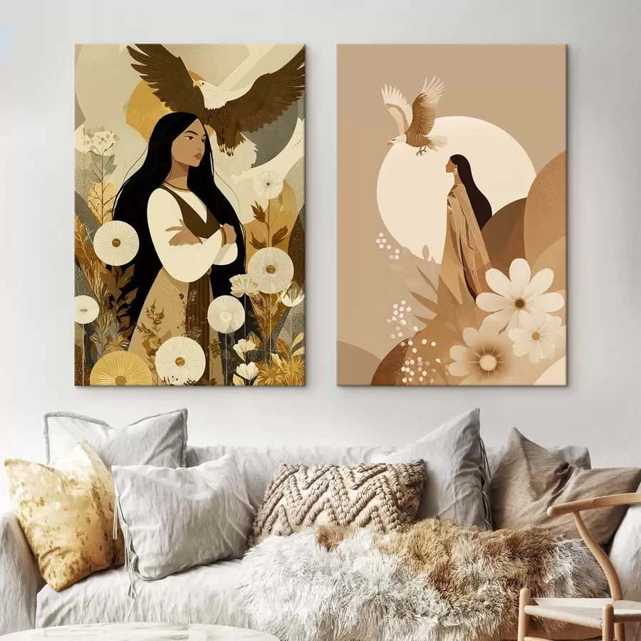 carta da parati Donne con aquile volanti, stile tribale, colori beige nr. m00477