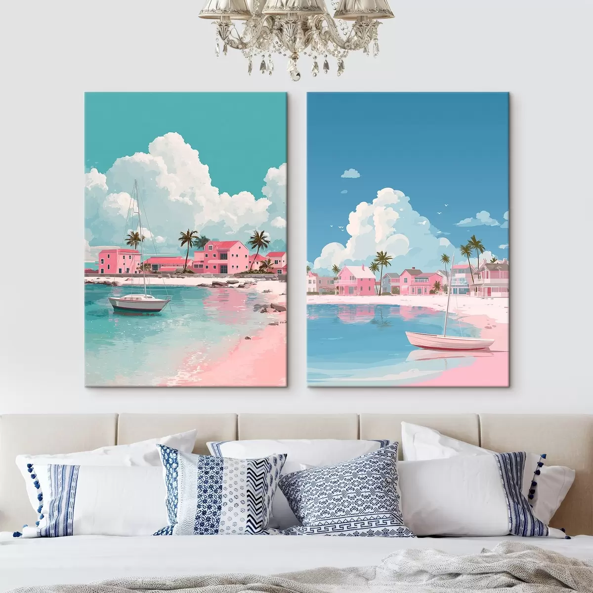 carta da parati Spiaggia estiva rosa con sole, barca a vela e case nr. m00479