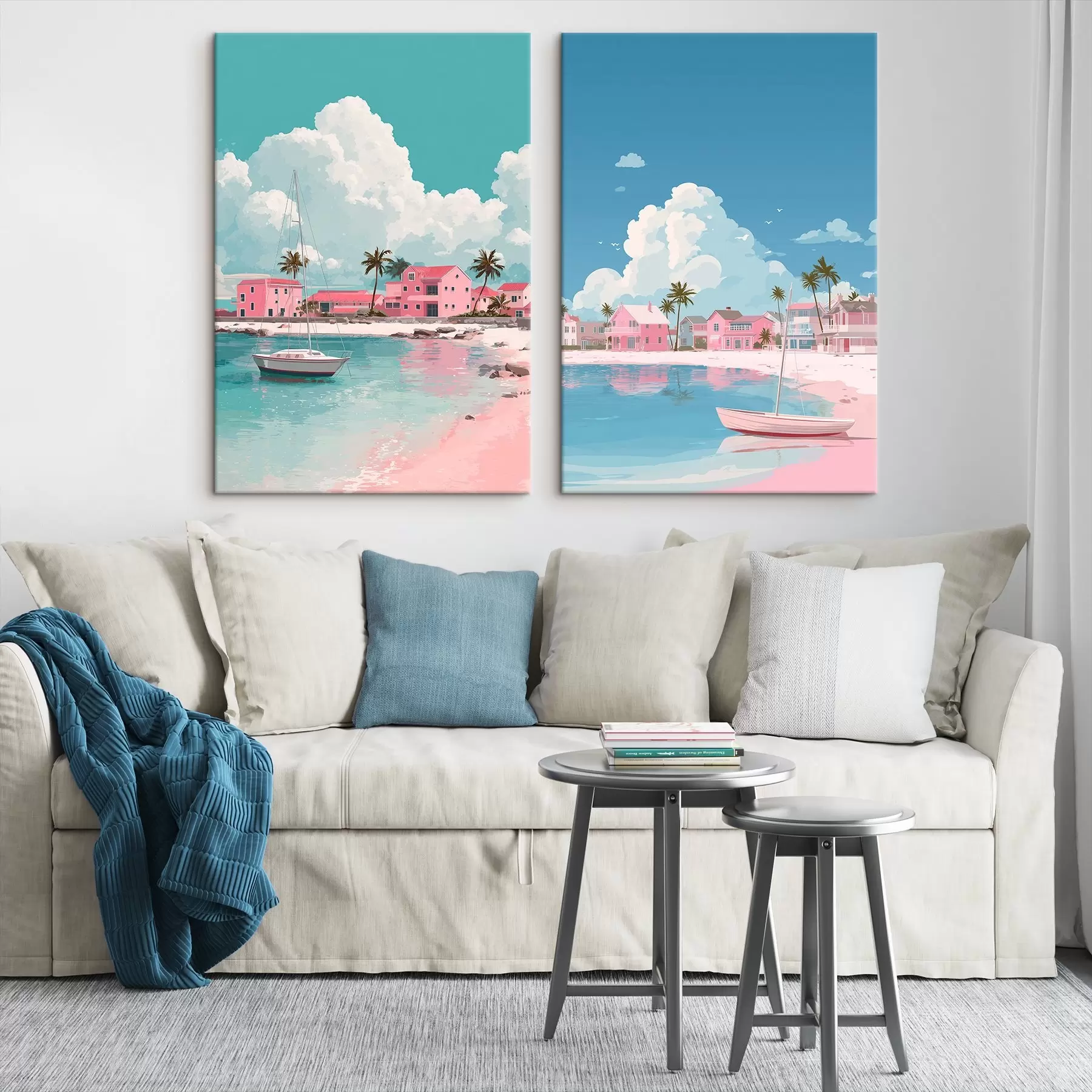 carta da parati Spiaggia estiva rosa con sole, barca a vela e case nr. m00479