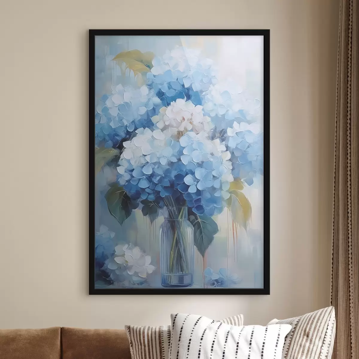 Poster Bouquet di ortensie blu in un vaso di vetro f44998