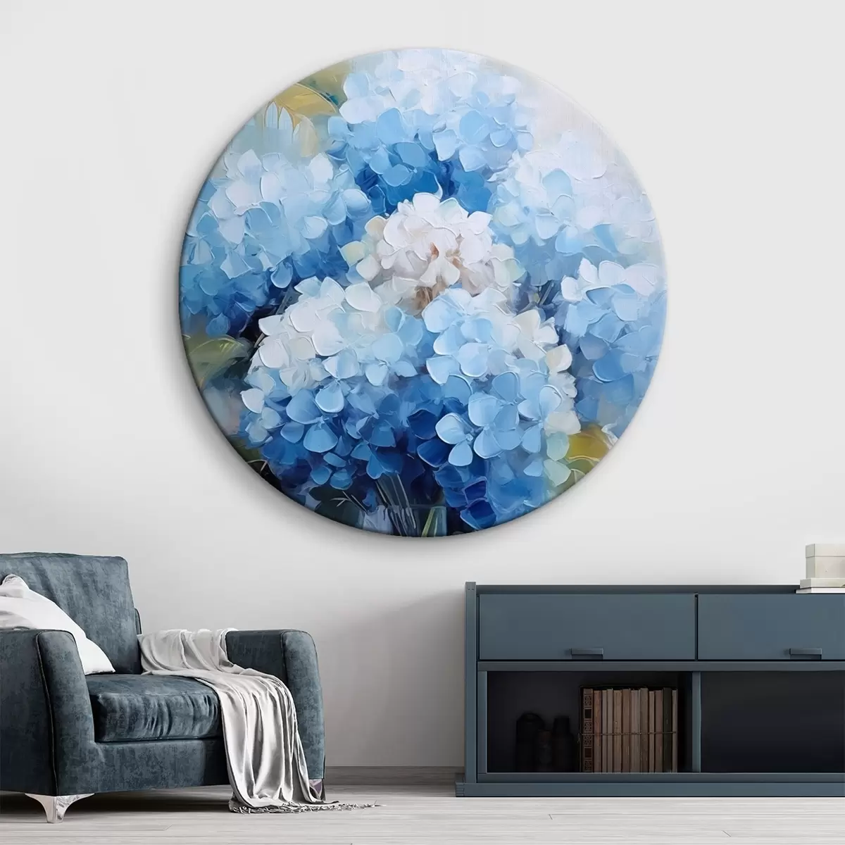 Quadri rotondi Bouquet di ortensie blu in un vaso di vetro r44998
