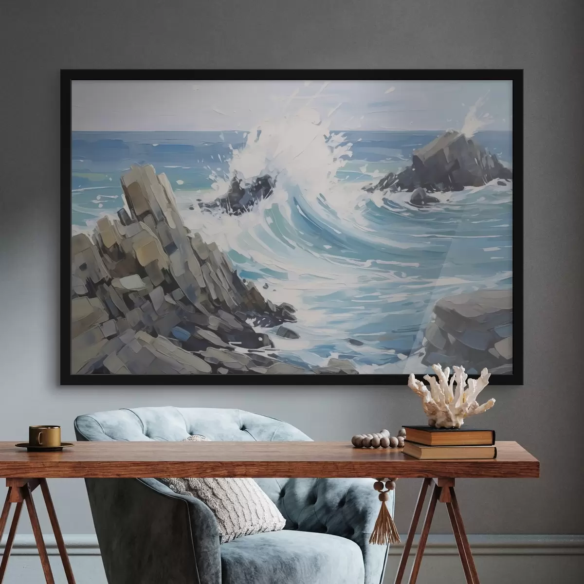 Poster Onda su una riva rocciosa f45021