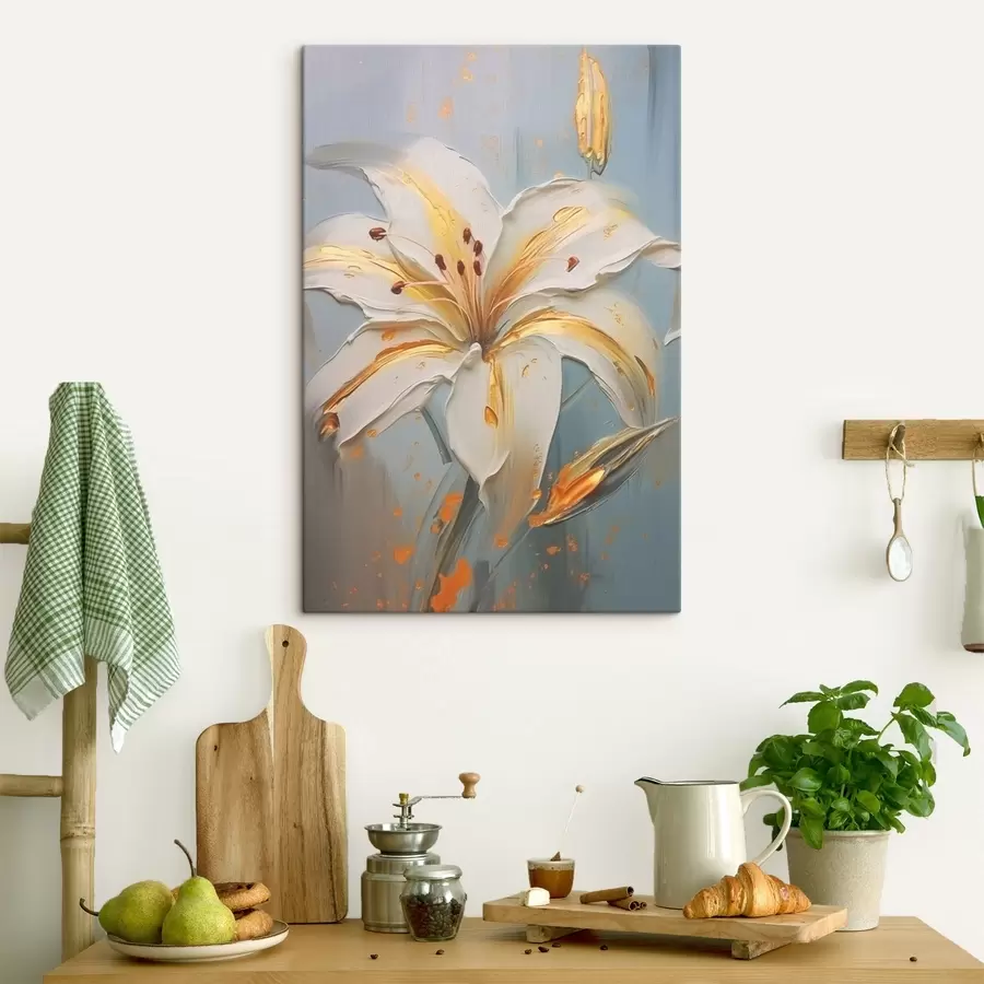 carta da parati Giglio bianco con tratti gialli su sfondo blu nr. s45077