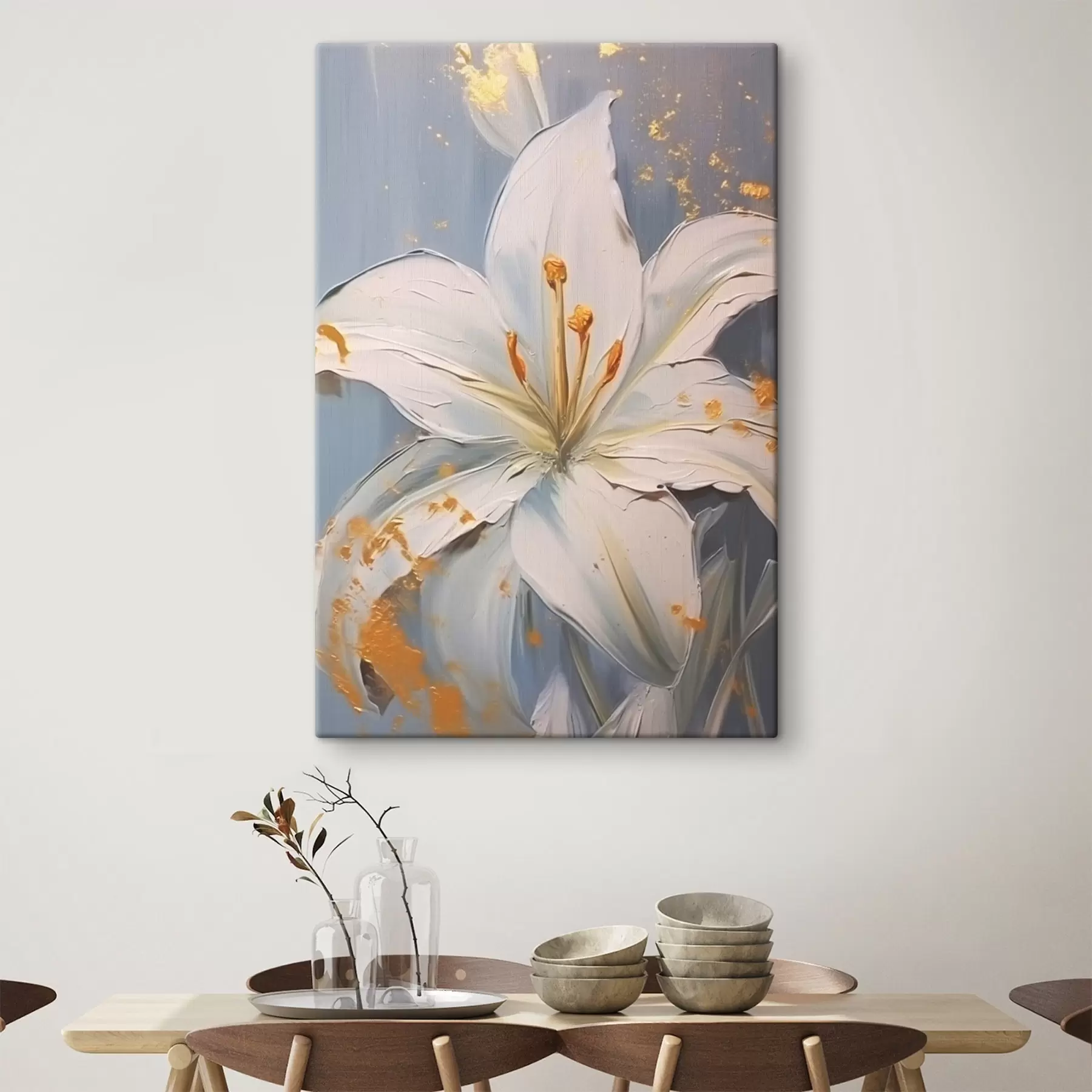 carta da parati Giglio bianco con accenti gialli su sfondo blu nr. s45078