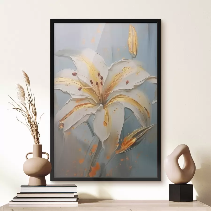 carta da parati Giglio bianco con tratti gialli su sfondo blu nr. f45077