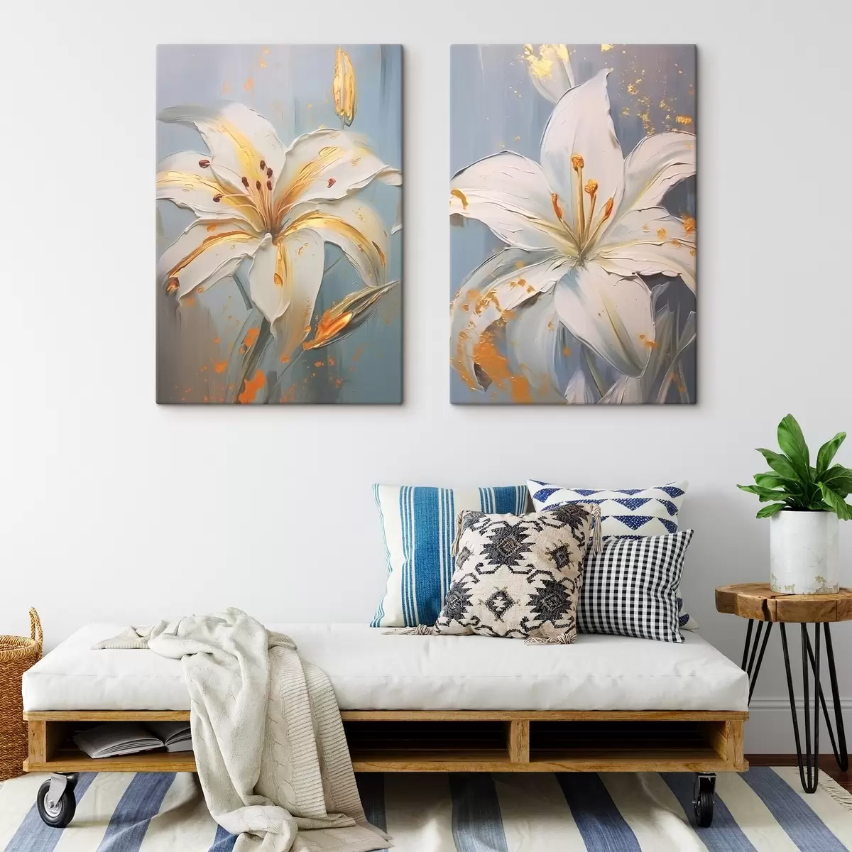 carta da parati Gigli bianchi con tratti gialli su sfondo blu nr. m00497