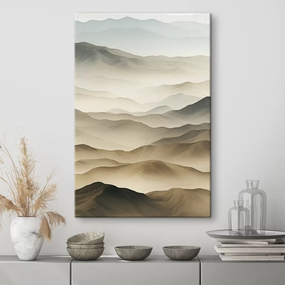 carta da parati colline, nebbia, toni neutri, linee fluide, terra, bordi morbidi, natura, profondità nr. s45096