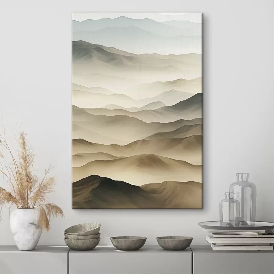 carta da parati colline, nebbia, toni neutri, linee fluide, terra, bordi morbidi, natura, profondità nr. s45096