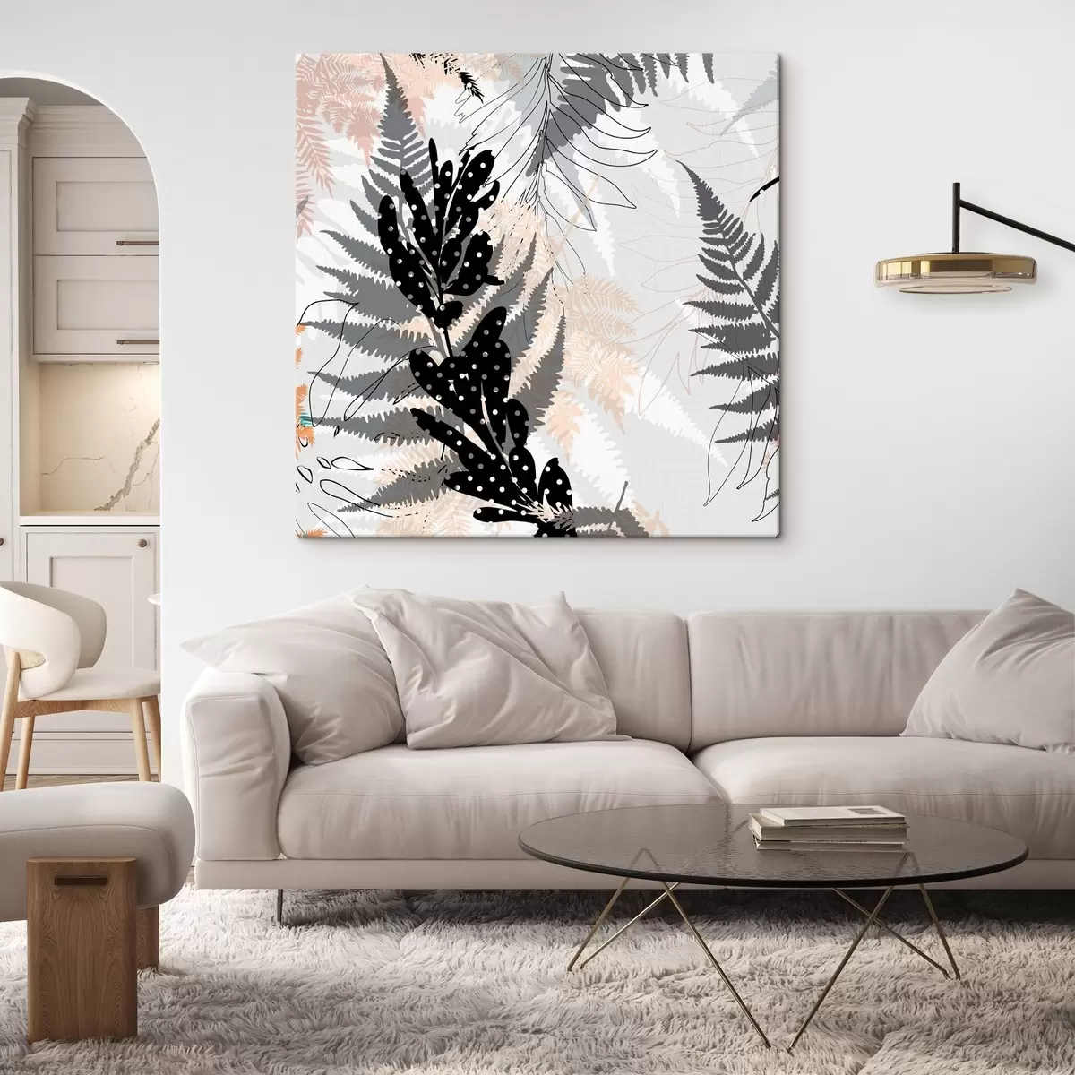 carta da parati stampa naturalistica, fogliame decorativo, mix di giungla, forme di felce, tavolozza neutra, arte delle foglie nr. s45104