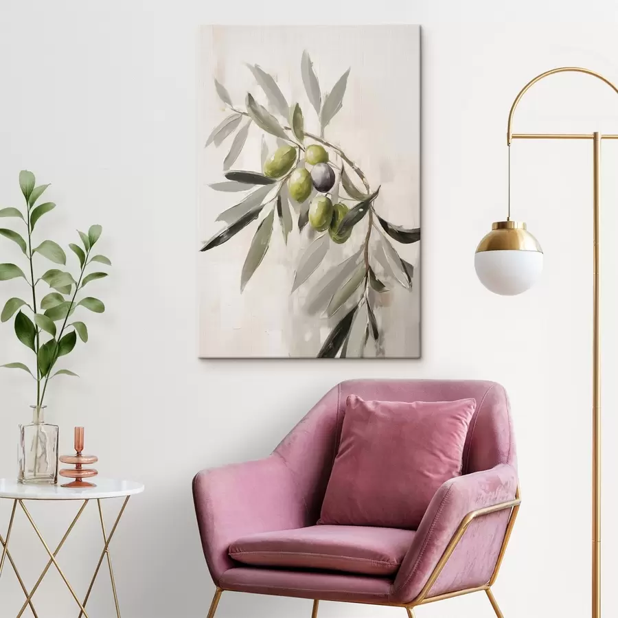 carta da parati olive verdi, dettaglio del ramo, sfondo chiaro, organico, tavolozza naturale, rustico nr. s45110