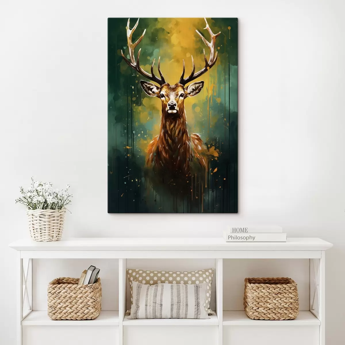 carta da parati cervo, corna, verde bosco, spruzzata d'arancio, ritratto di animale, goccia di vernice, audace, fauna selvatica nr. s45111