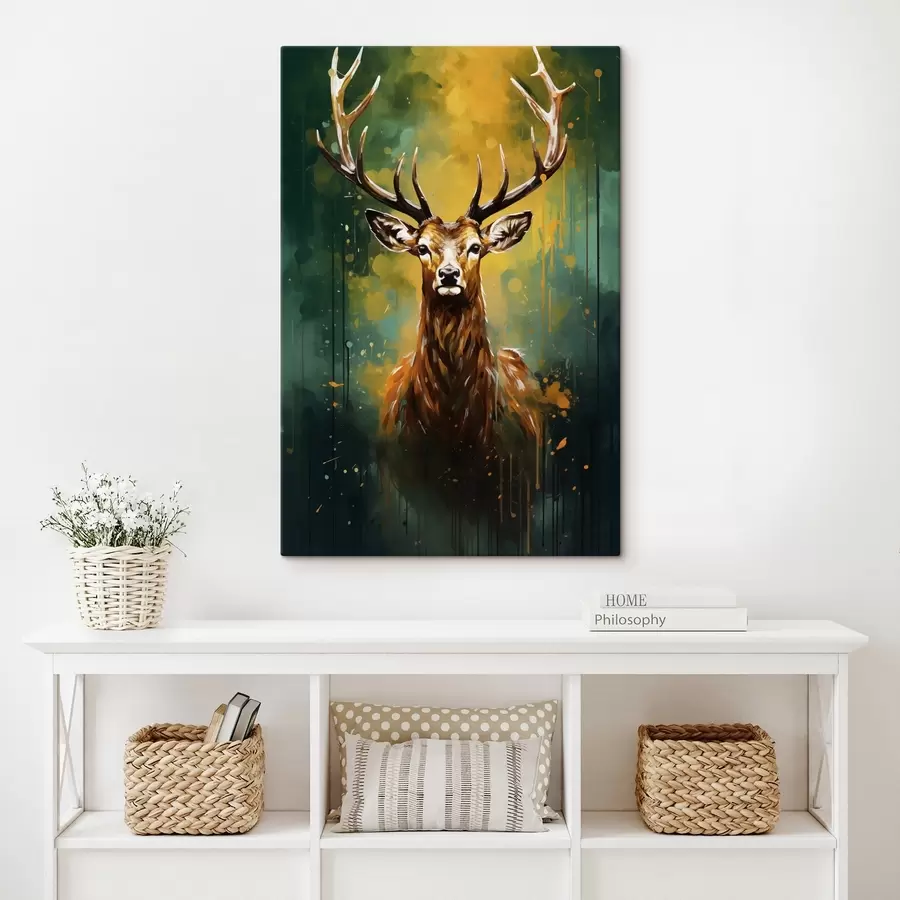 carta da parati cervo, corna, verde bosco, spruzzata d'arancio, ritratto di animale, goccia di vernice, audace, fauna selvatica nr. s45111