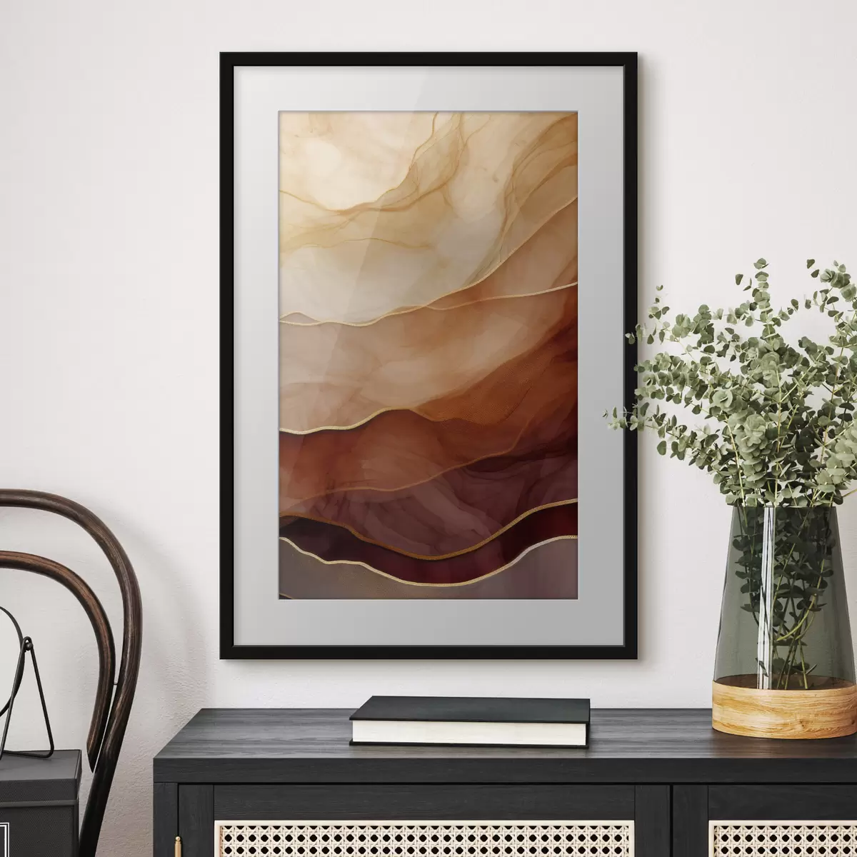 Poster fluido, sabbia, strati, minimale, linee morbide, toni caldi, naturale, movimento f45090