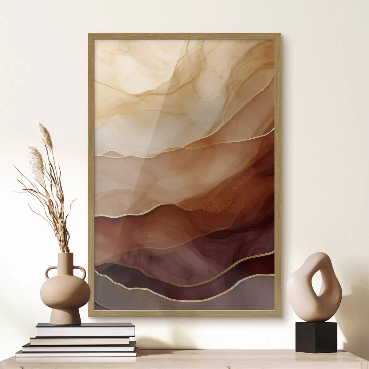 Poster fluido, sabbia, strati, minimale, linee morbide, toni caldi, naturale, movimento f45090