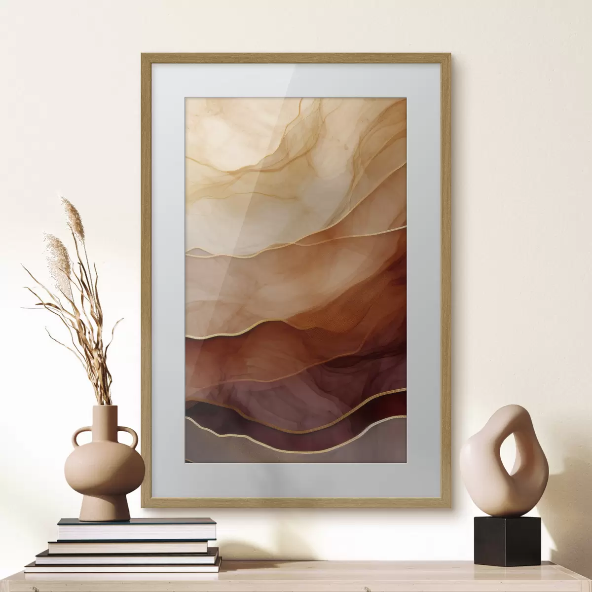 Poster fluido, sabbia, strati, minimale, linee morbide, toni caldi, naturale, movimento f45090