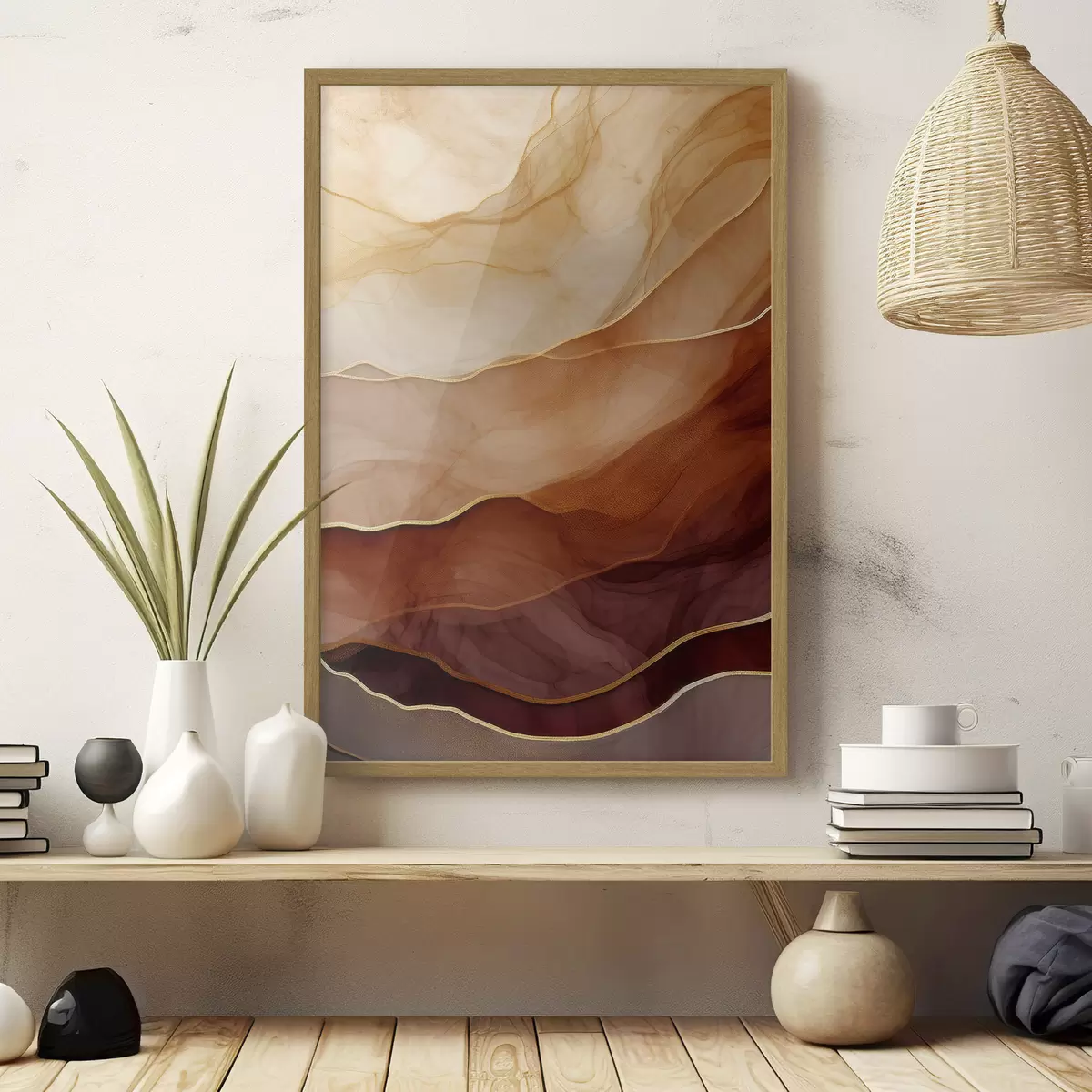 Poster fluido, sabbia, strati, minimale, linee morbide, toni caldi, naturale, movimento f45090