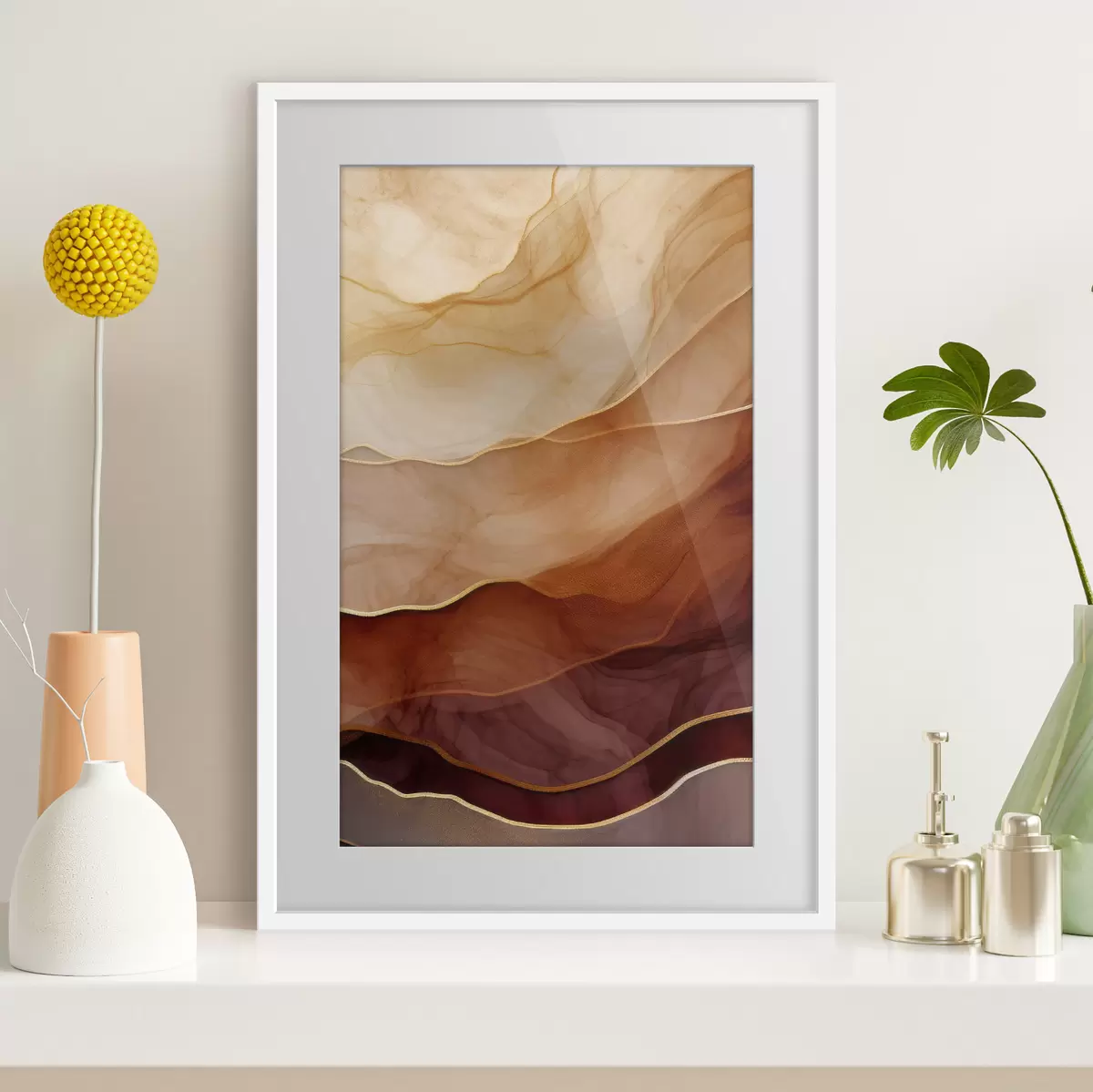 Poster fluido, sabbia, strati, minimale, linee morbide, toni caldi, naturale, movimento f45090