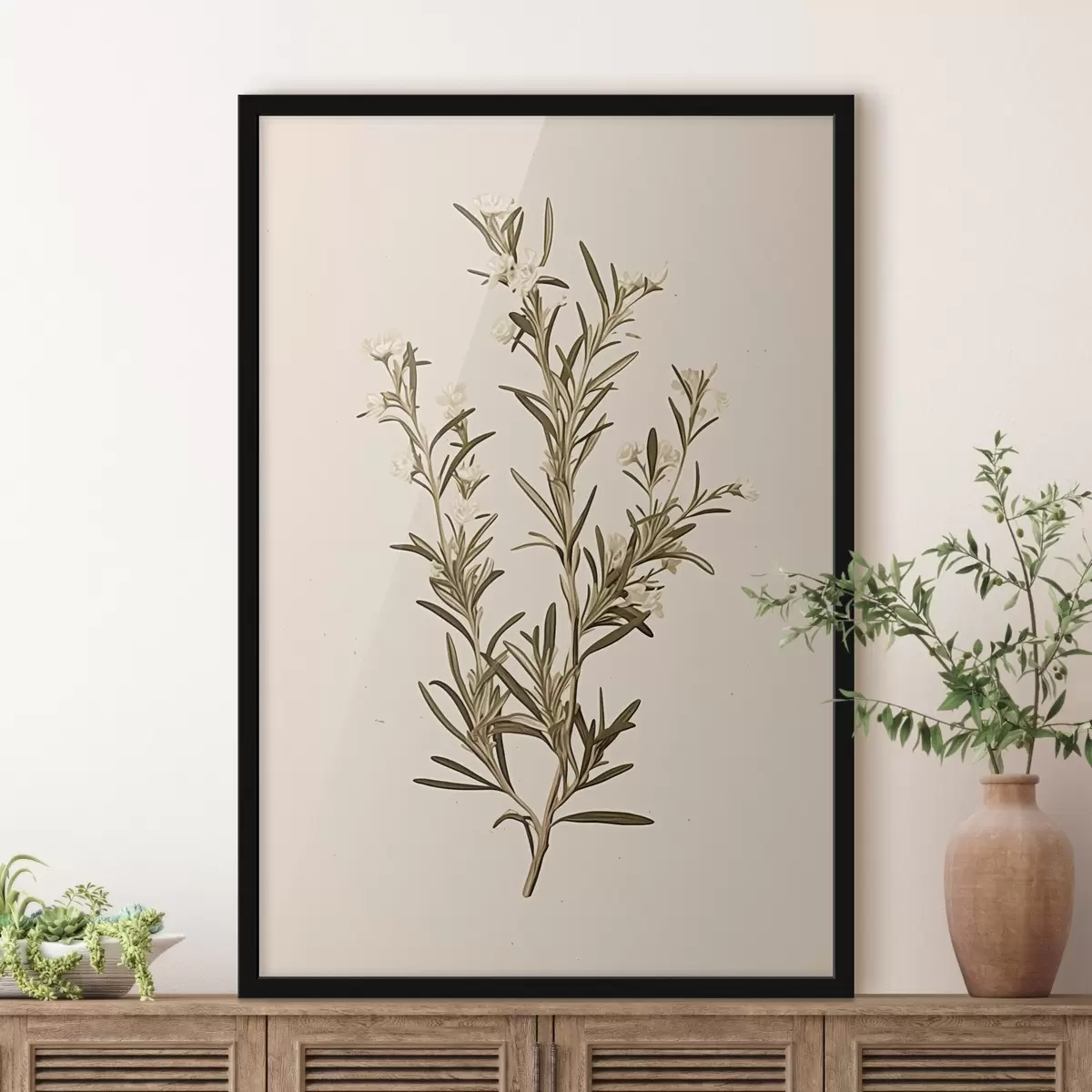 Poster botanica, ramo, sfondo beige, erba, minimal, pianta, foglie verdi, stelo f45098