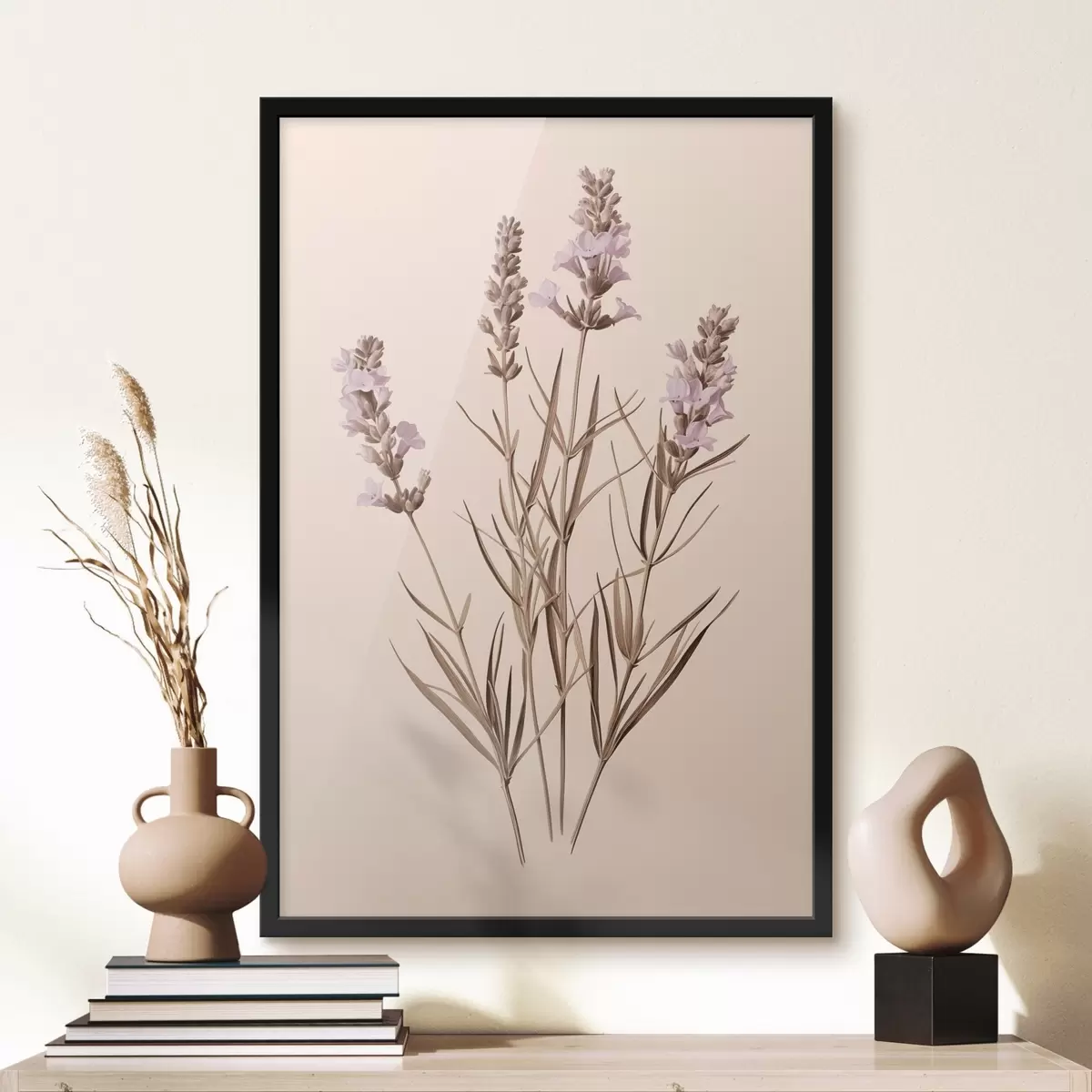 Poster lavanda, botanica, sfondo beige, viola tenue, foglie, floreale, naturale, stelo f45100