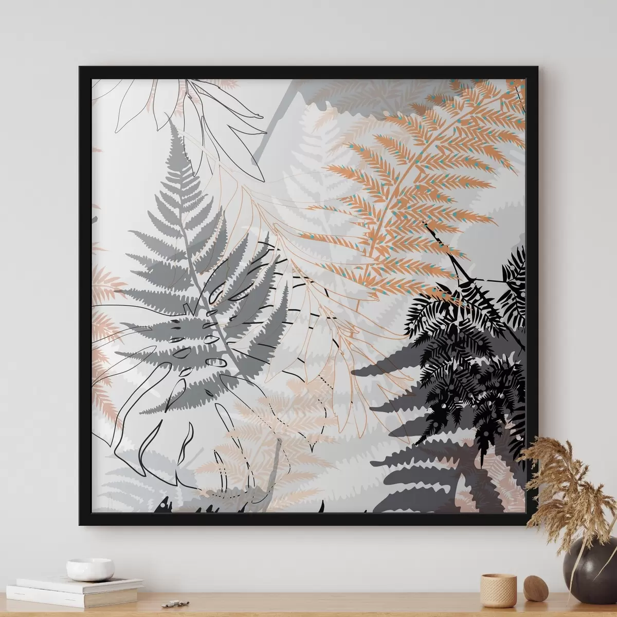 Poster felce, foglie astratte, motivo, design piatto, contrasto, toni di grigio, botanica, sovrapposizione f45101