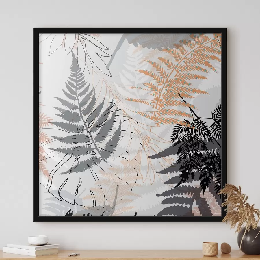 carta da parati felce, foglie astratte, motivo, design piatto, contrasto, toni di grigio, botanica, sovrapposizione nr. f45101